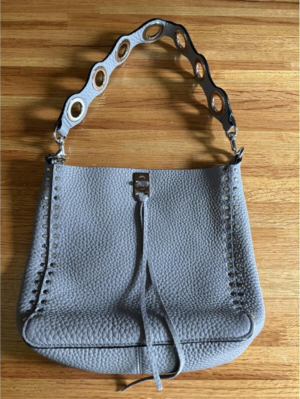 Rebecca Minkoff Light Gray Pebbled Leather Hobo Shoulder Bag Studded Ring Strap